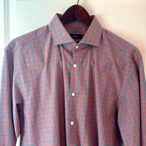 Hugo Boss Sharp Fit Dress Shirt 16.5 34/35 Glen Plaid Pink with Blue